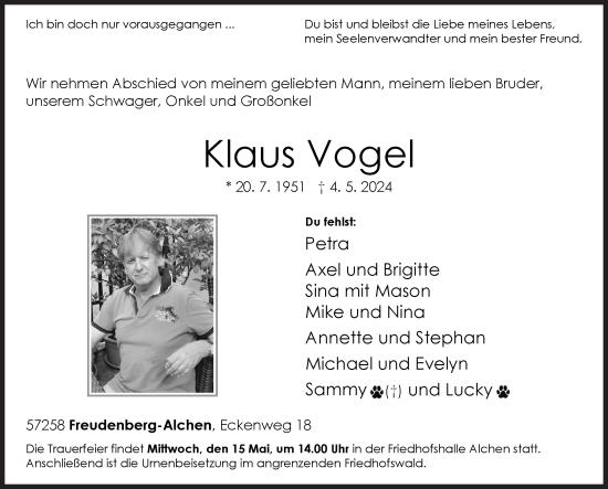 Traueranzeige von Klaus Vogel von Siegener Zeitung