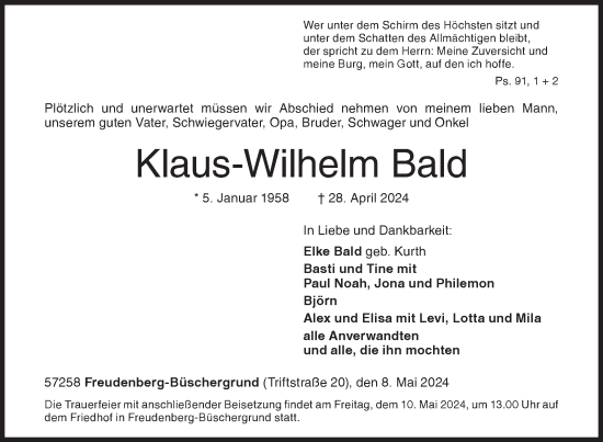 Traueranzeige von Klaus-Wilhelm Bald von Siegener Zeitung