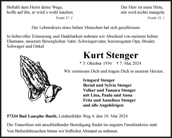 Traueranzeige von Kurt Stenger von Siegener Zeitung