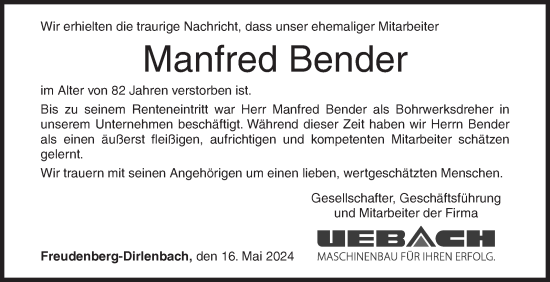 Traueranzeige von Manfred Bender von Siegener Zeitung