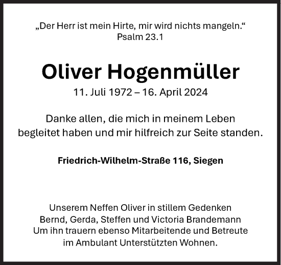 Traueranzeige von Oliver Hogenmüller von Siegener Zeitung