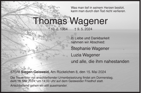 Traueranzeige von Thomas Wagener von Siegener Zeitung