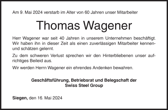 Traueranzeige von Thomas Wagener von Siegener Zeitung