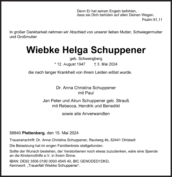 Traueranzeige von Wiebke Helga Schuppener von Siegener Zeitung