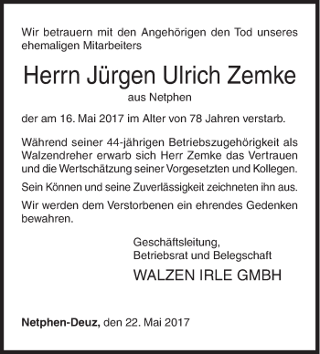 Traueranzeige von Jürgen Ulrich Zemke von Siegener Zeitung