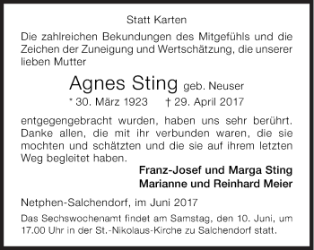 Traueranzeige von Agnes Sting von Siegener Zeitung