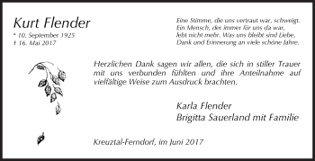 Traueranzeige von Kurt Flender von Siegener Zeitung