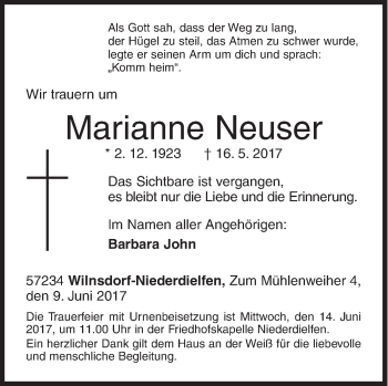 Traueranzeige von Marianne Neuser von Siegener Zeitung