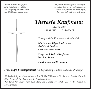 Traueranzeige von Theresia Kaufmann von Siegener Zeitung