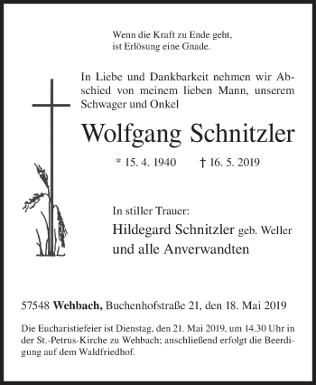 Traueranzeige von Wolfgang Schnitzler von Siegener Zeitung