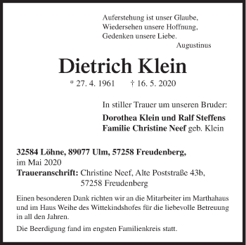 Traueranzeige von Dietrich Klein von Siegener Zeitung
