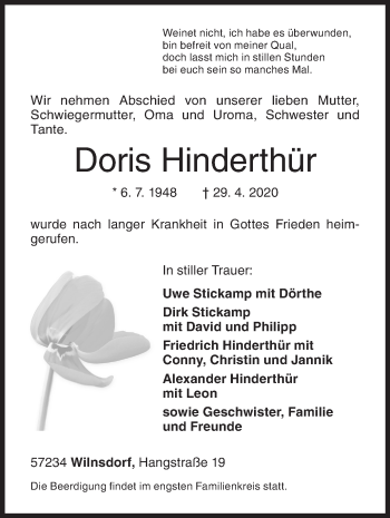 Traueranzeige von Doris Hinderthür von Siegener Zeitung