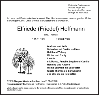 Traueranzeige von Elfriede Hoffmann von Siegener Zeitung