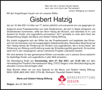 Traueranzeige von Gisbert Hatzig von Siegener Zeitung