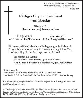 Traueranzeige von Rüdiger Stephan Gotthard von Borcke von Siegener Zeitung