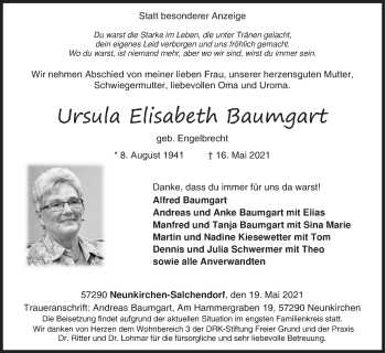 Traueranzeige von Ursula Elisabeth Baumgart von Siegener Zeitung