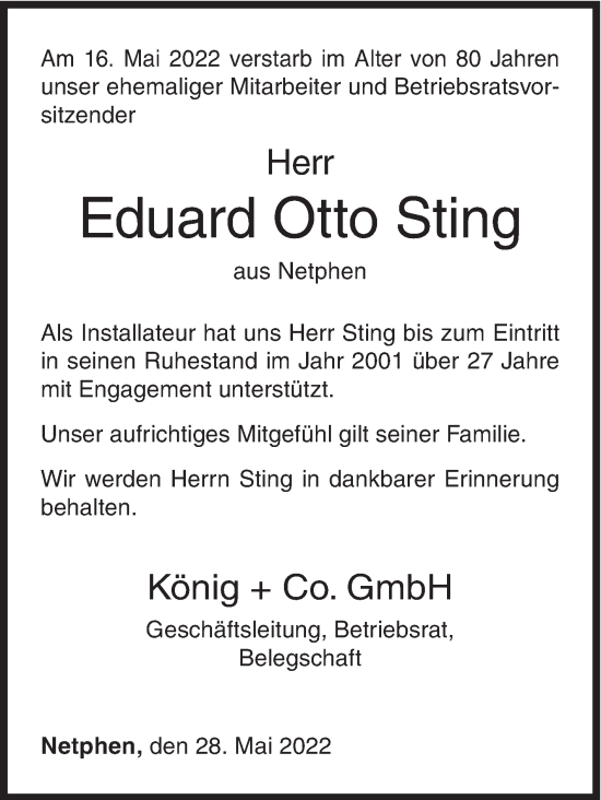 Traueranzeige von Eduard Otto Sting von Siegener Zeitung