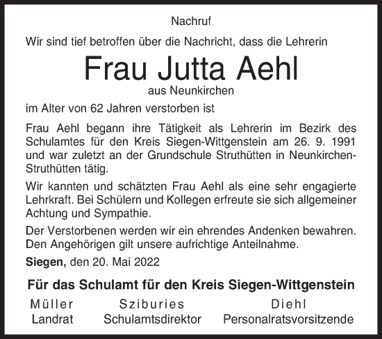 Traueranzeige von Jutta Aehl von Siegener Zeitung