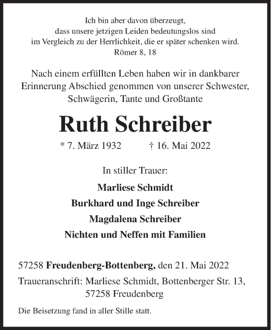 Traueranzeige von Ruth Schreiber von Siegener Zeitung