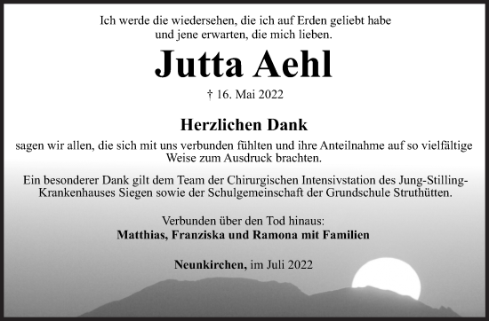 Traueranzeige von Jutta Aehl von Siegener Zeitung