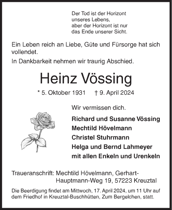 Traueranzeige von Heinz Vössing von Siegener Zeitung