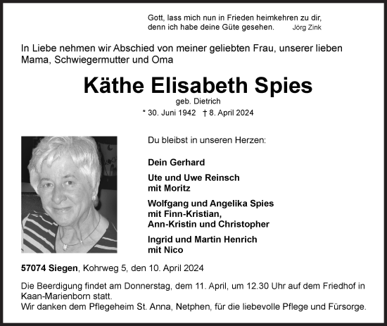 Traueranzeige von Käthe Spies von Siegener Zeitung