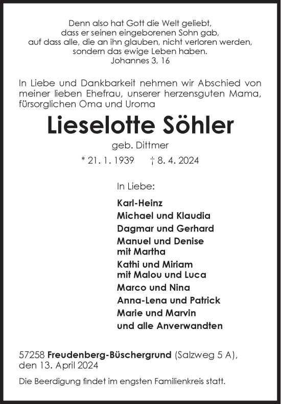 Traueranzeige von Lieselotte Söhler von Siegener Zeitung