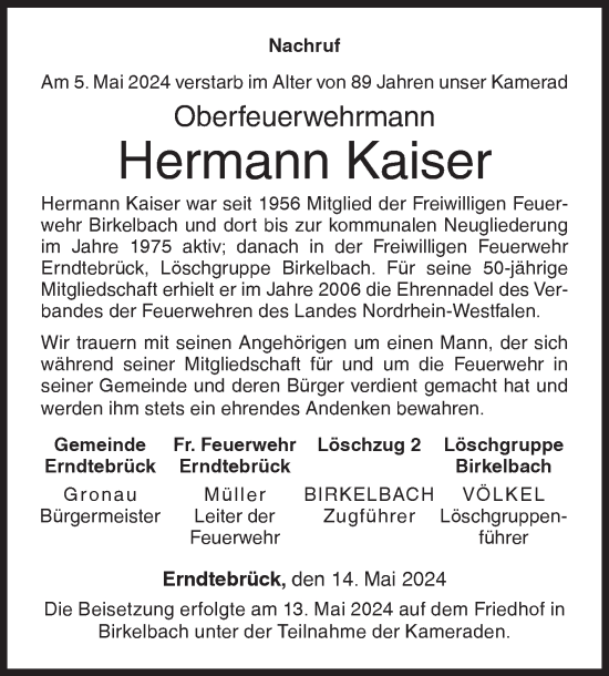 Traueranzeige von Hermann Kaiser von Siegener Zeitung