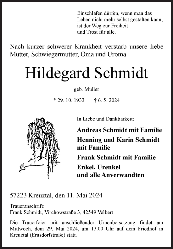 Traueranzeige von Hildegard Schmidt von Siegener Zeitung