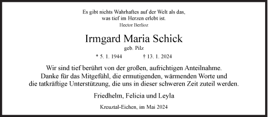 Traueranzeige von Irmgard Maria Schick von Siegener Zeitung