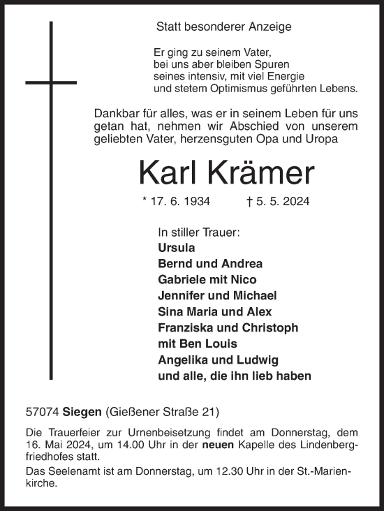 Traueranzeige von Karl Krämer von Siegener Zeitung