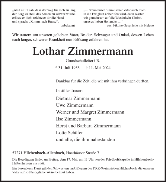 Traueranzeige von Lothar Zimmermann von Siegener Zeitung
