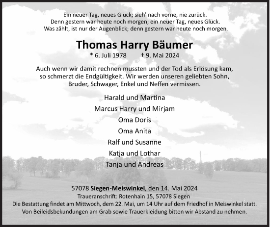 Traueranzeige von Thomas Harry Bäumer von Siegener Zeitung