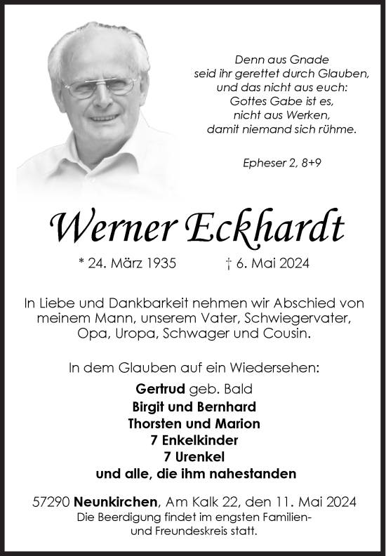 Traueranzeige von Werner Eckhardt von Siegener Zeitung
