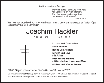 Traueranzeige von Joachim Hackler von Siegener Zeitung