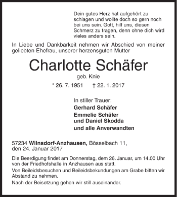 Traueranzeige von Charlotte Schäfer von Siegener Zeitung