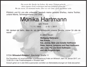 Traueranzeige von Monika Hartmann von Siegener Zeitung