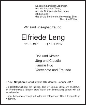 Traueranzeige von Elfriede Leng von Siegener Zeitung