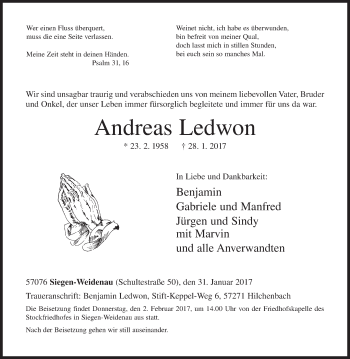 Traueranzeige von Andreas Ledwon von Siegener Zeitung