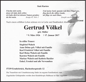 Traueranzeige von Gertrud Völkel von Siegener Zeitung