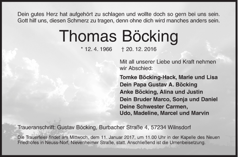  Traueranzeige für Thomas Böcking vom 07.01.2017 aus Siegener Zeitung