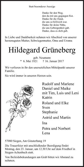 Traueranzeige von Hildegard Grüneberg von Siegener Zeitung