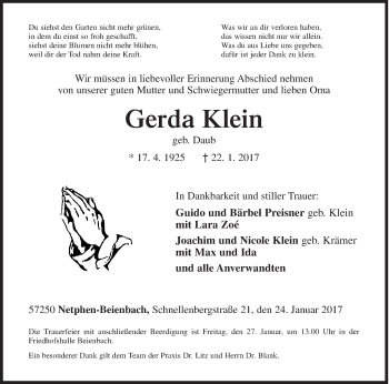 Traueranzeige von Gerda Klein von Siegener Zeitung