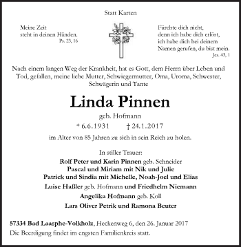 Traueranzeige von Linda Pinnen von Siegener Zeitung