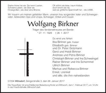 Traueranzeige von Wolfgang Birkner von Siegener Zeitung