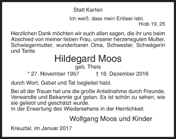Traueranzeige von Hildegard Moos von Siegener Zeitung