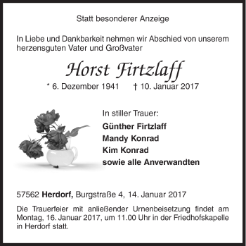 Traueranzeige von Horst Fritzlaff von Siegener Zeitung
