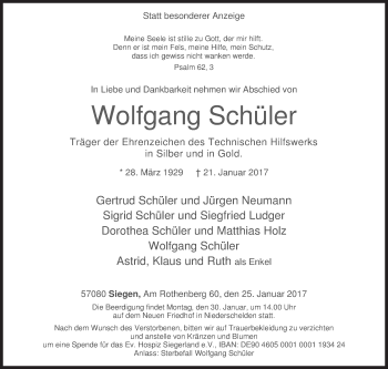 Traueranzeige von Wolfgang Schüler von Siegener Zeitung