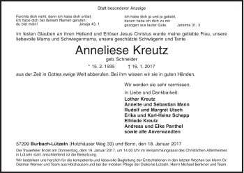 Traueranzeige von Anneliese Kreutz von Siegener Zeitung