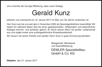 Traueranzeige von Gerald Kunz von Siegener Zeitung